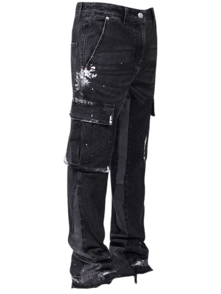 Washed Black Paint-Splatter Cargo Paneled Jeans